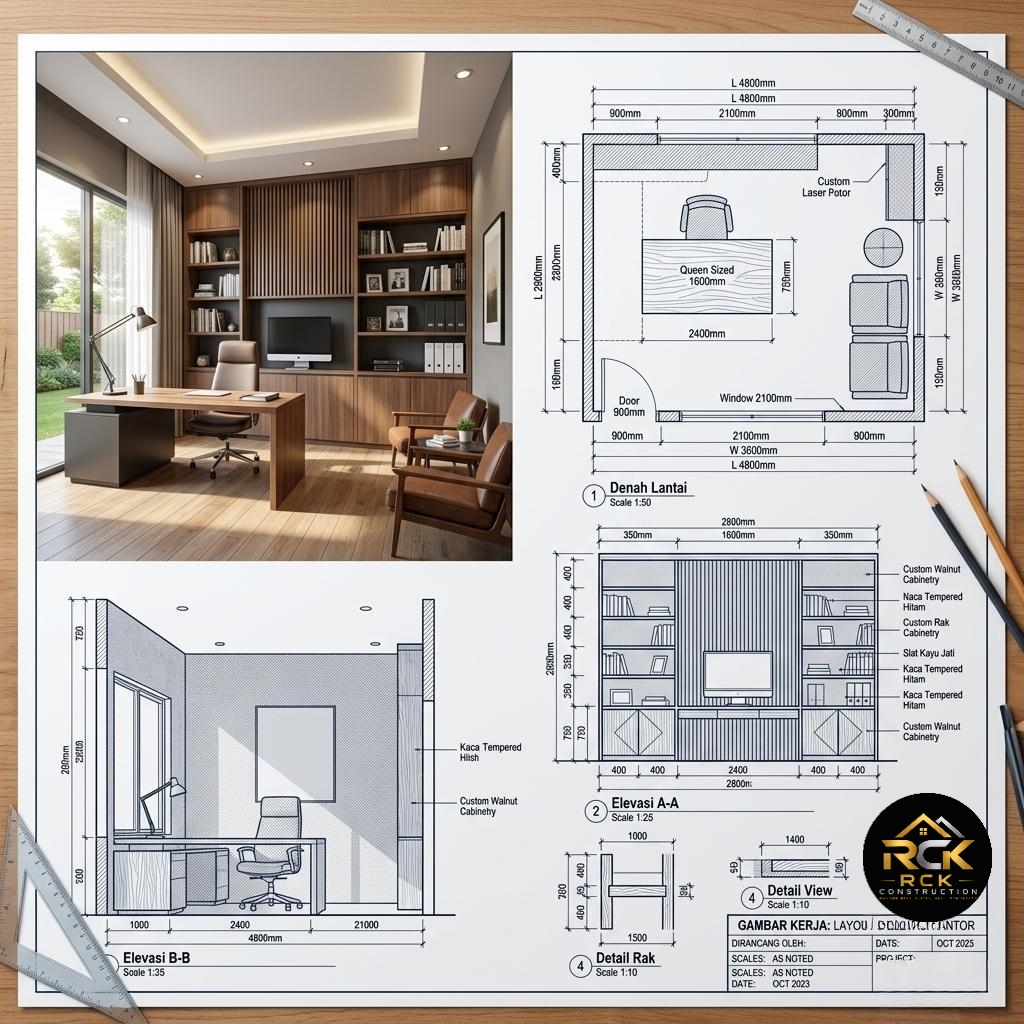 Desain ruang kerja interior kayu walnut
