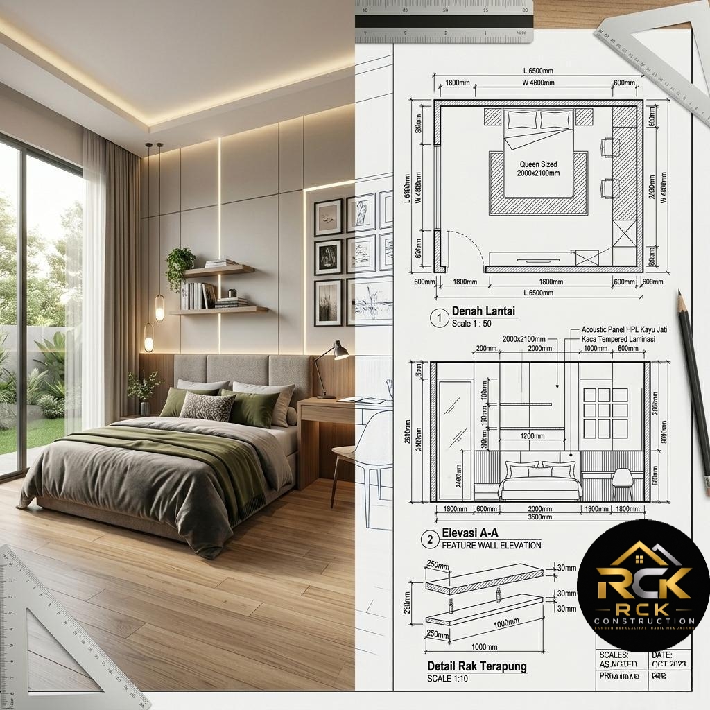 Desain kamar tidur modern dengan rak terapung